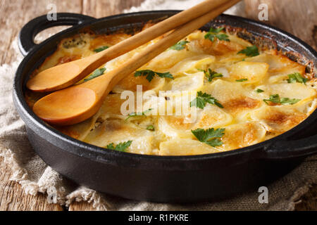 Deliziosa finlandese di patate al forno con i filetti di acciuga, cipolle e panna in una padella orizzontale. Foto Stock