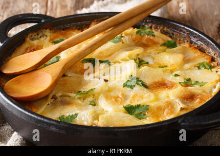 Il finlandese Janssonin Kiusaus hot patate al forno con le acciughe, cipolle e panna in una padella sul tavolo orizzontale. Foto Stock