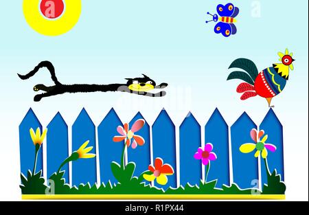 Gatto nero dà la caccia a un pollo Illustrazione Vettoriale