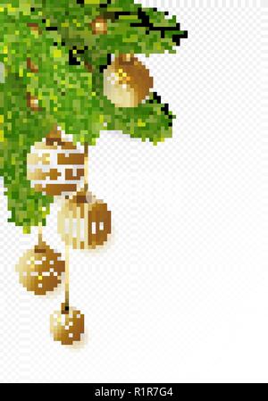 Albero di natale con rami pendenti oro e palle bianche su sfondo trasparente. Grande per volantini, poster, intestazioni. Illustrazione Vettoriale. Modello per la progettazione. Illustrazione Vettoriale