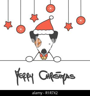 Carino disegnato a mano scritte buon Natale carta di vettore con il cartoon baby cane con santa hat Illustrazione Vettoriale