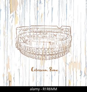 Colosseo Roma disegno su sfondo di legno. Disegnate a mano vintage vettore illustrazione. Illustrazione Vettoriale