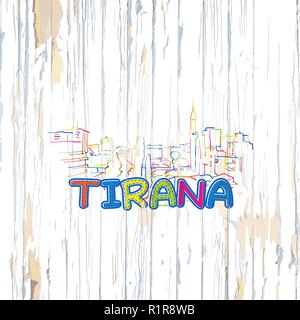 Colorato disegno di Tirana su sfondo di legno. Disegnata a mano illustrazione vettoriale. Illustrazione Vettoriale