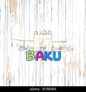 Baku colorato disegno su sfondo di legno. Disegnata a mano illustrazione vettoriale. Illustrazione Vettoriale