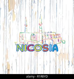 Colorato disegno di Nicosia su sfondo di legno. Disegnata a mano illustrazione vettoriale. Illustrazione Vettoriale