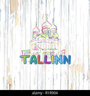 Tallinn colorato disegno su sfondo di legno. Disegnata a mano illustrazione vettoriale. Illustrazione Vettoriale