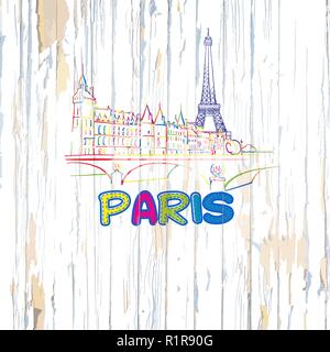 Colorato disegno di Parigi su sfondo di legno. Disegnata a mano illustrazione vettoriale. Illustrazione Vettoriale