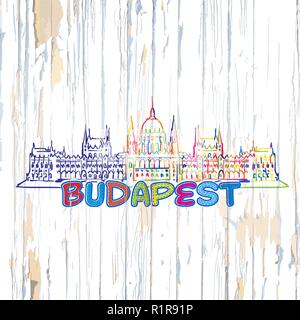 Colorato disegno di Budapest su sfondo di legno. Disegnata a mano illustrazione vettoriale. Illustrazione Vettoriale