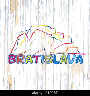 Bratislava colorato disegno su sfondo di legno. Disegnata a mano illustrazione vettoriale. Illustrazione Vettoriale