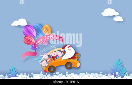 2019 Felice Anno Nuovo design con carta di Santa Claus e maiali piccoli guida bus giallo sulla neve con il cielo azzurro sfondo . Carta vettoriale arte illustrazione. Carta tagliata e stile di artigianato. Illustrazione Vettoriale