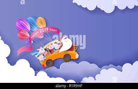 2019 Felice Anno Nuovo design con carta di Santa Claus e maiali piccoli guida bus giallo su grandi nuvole con viola sullo sfondo del cielo . Carta vettoriale arte illustrazione. Carta tagliata e stile di artigianato. Illustrazione Vettoriale