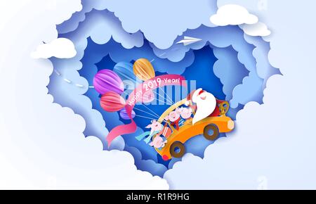 2019 Felice Anno Nuovo design con carta di Santa Claus e maiali piccoli guida bus giallo sulle nuvole a forma di cuore e cielo azzurro sfondo . Carta vettoriale arte illustrazione. Carta tagliata e stile di artigianato. Illustrazione Vettoriale