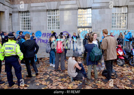 Londra, Regno Unito. Il 14 novembre 2018. Molte persone vengono arrestate come ribellione di estinzione attivisti ambientali protestare presso il Dipartimento dell'ambiente e gli affari rurali (DEFRA) prima di una cruciale riunione del gabinetto per discutere Brexit Credito: PjrFoto/Alamy Live News Foto Stock