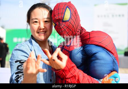 Shenyang, Cina. Xiv Nov, 2018. I corridori indossando costumi di Spiderman, Hulk e Batman mostra presso la maratona svoltasi a Shenyang, a nord-est della Cina di Provincia di Liaoning. Credito: SIPA Asia/ZUMA filo/Alamy Live News Foto Stock