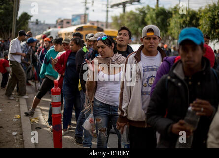 Tijuana, Messico. Xiii Nov, 2018. Un gruppo di immigrati appena arrivati code nella città messicana di Tijuana per ottenere la prima colazione. Essi hanno preso un autobus da Nayarit per tre giorni. Ora centinaia di migranti provenienti dall America centrale hanno raggiunto la città di confine di Tijuana sulla loro strada verso gli Stati Uniti d'America. Credito: Omar Martinez/dpa/Alamy Live News Foto Stock