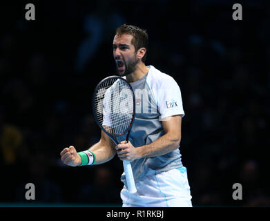 Londra, Regno Unito. Novembre 14, 2018. Marin CILIC (CRO) festeggia conquistando il secondo set contro John Isner (USA) durante il giorno quattro single di Nitto ATP World Tour Finals giocato all'O2 Arena di Londra il 14 novembre 2018. Azione di Credito Foto Sport Foto Stock