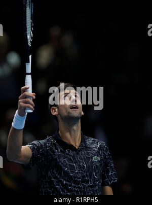 Londra, Regno Unito. Xiv Nov, 2018. Novak Djokovic di Serbia celebra dopo i singles match contro Alexander Zverev della Germania durante il giorno 4 del 2018 ATP World Tour Finals presso la O2 Arena di Londra, Gran Bretagna il 9 novembre 14, 2018. Djokovic ha vinto 2-0. Credito: Han Yan/Xinhua/Alamy Live News Foto Stock