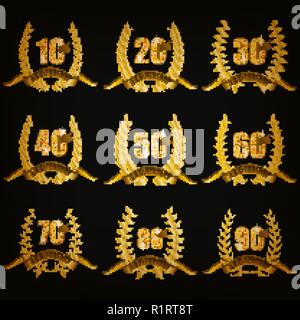 Set di gold anniversary i badge con corone di alloro, numeri. Emblemi decorativo del giubileo su sfondo nero. Elementi di filigrana, telai, frontiere, ic Illustrazione Vettoriale