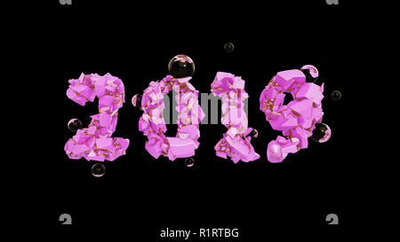 Felice anno nuovo Banner con 2019 tendenza rosa numeri di colori realizzati da shattered stone incrinato isolato su sfondo rosa con battenti le sfere di vetro abstract 3d illustrazione Foto Stock