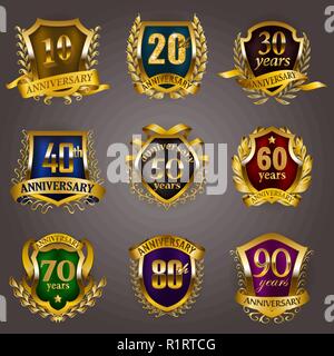 Set di gold anniversary badges Illustrazione Vettoriale