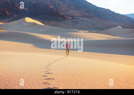 Escursionista tra le dune di sabbia del deserto Foto Stock