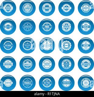 Badge vintage e etichette stamp set di icone blu. Semplice illustrazione del 25 vintage badge e etichetta timbri icone vettoriali per il web Illustrazione Vettoriale