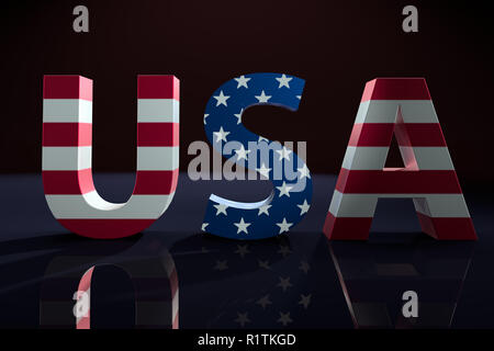 3D render di usa la parola con sovrapposto bandiera americana star e motivo a strisce su sfondo nero Foto Stock