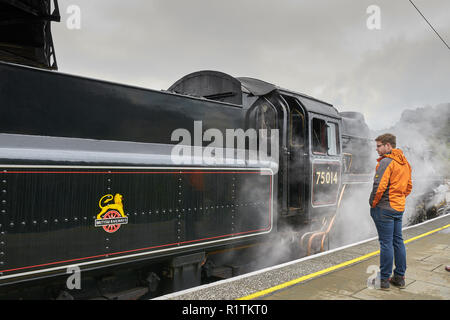 I ventilatori guarda al motore 75014 denominata "Braveheart" (Paignton e Dartmouth Steam Railway) alla stazione di Kingswear, Devon. Foto Stock