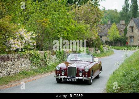 Automobilista la guida 1961 British realizzato Alvis TD21 serie DHC 1 drophead ooupe classic car sul paese lane in Cotswolds, Inghilterra Foto Stock