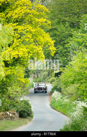 Automobilista la guida 1961 British realizzato Alvis TD21 serie DHC 1 drophead ooupe classic car sul paese lane in Cotswolds, Inghilterra Foto Stock