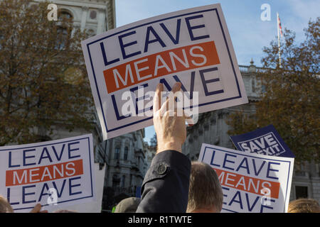 Il giorno che il Primo Ministro Theresa Maggio le petizioni per il suo gabinetto sui negoziati in corso per lasciare l'Unione Brexiteers opposta a Downing Street a Whitehall, la protesta che lasciare significa lasciare, il 14 novembre 2018, a Londra, in Inghilterra. Foto Stock