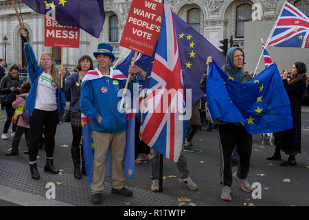 Il giorno che il Primo Ministro Theresa Maggio le petizioni per il suo gabinetto sui negoziati in corso a lasciare l'UE, pro-Europa manifestanti contro Brexit stand in fronte a Downing Street a Whitehall, il 14 novembre 2018, a Londra, in Inghilterra. Foto Stock