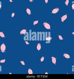 Modello senza soluzione di continuità con i suini in funny pone. Sfondo blu. Illustrazione Vettoriale