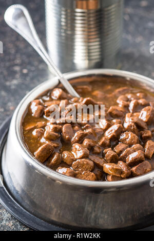 Pasto per un cane o un gatto. Conserve di carne con salsa nel recipiente. Foto Stock