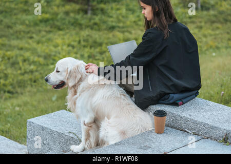 Giovani freelancer strofinarsi il cane mentre si lavora con il computer portatile in posizione di parcheggio Foto Stock