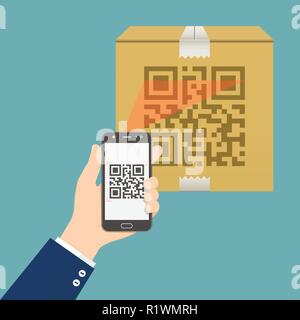 Mano che tiene il telefono cellulare la scansione del codice QR sulla scatola di cartone Illustrazione Vettoriale