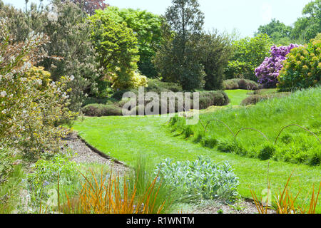 Percorso erboso attraverso prati verdi, arbusti e alberi in un giardino estivo . Foto Stock