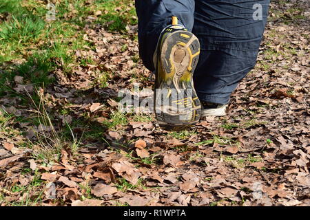 Un uomo è trail running in usurati scarpe con fori sotto la suola in autunno foresta. Ein Mann läuft im Herbstwald mit alten abgenutzten Schuhen Foto Stock