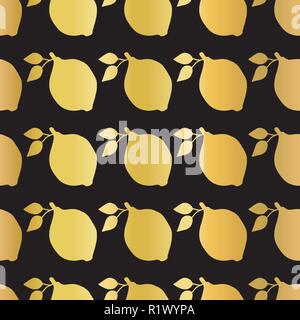 Di lamina di oro senza giunture di limone disegno vettoriale. Lucido dorato di limoni in righe su sfondo nero. Eleganti e lussuosi prodotti alimentari per la stampa di carta, imballaggi, banner web, home decor, ristorante menù, arredamento di cucina Illustrazione Vettoriale
