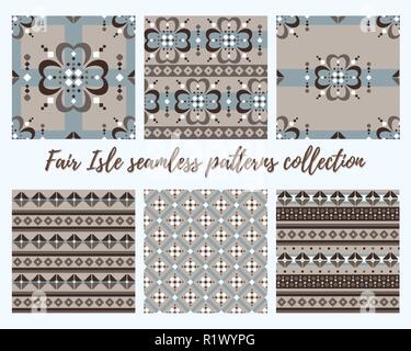 Fair Isle stile beige marrone blu bianco vector seamless pattern astratti collezione Illustrazione Vettoriale