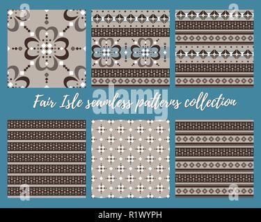 Fair Isle style marrone beige bianco blu senza giunture di vettore abstract pattern impostato Illustrazione Vettoriale