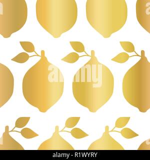 Di lamina di oro senza giunture di limone disegno vettoriale. Lucido dorato di limoni in righe su sfondo bianco. Eleganti e lussuosi prodotti alimentari per la stampa di carta, imballaggi, banner web, home decor, ristorante menù, arredamento di cucina Illustrazione Vettoriale
