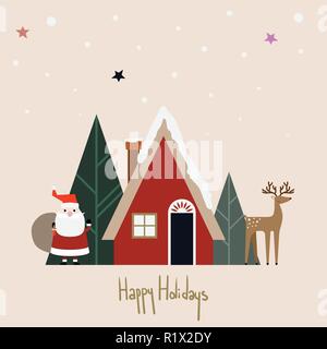 Natale greeting card design con Santa e renne con colori terreni illustrazione vettoriale Illustrazione Vettoriale