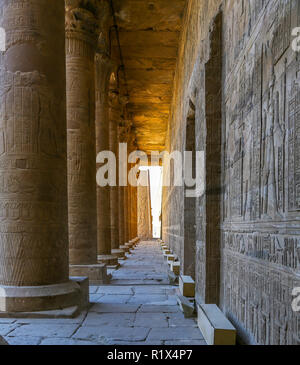 Le colonne del Tempio di Edfu, un tempio egizio situato sulla sponda ovest del Nilo in Edfu, Alto Egitto, Nord Africa Foto Stock