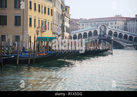 Il Ponte di Rialto, Venezia, Italia: il Grand Canal, al mattino presto con una linea di gondole sulla fondamenta del Vin pronto per il lavoro del giorno Foto Stock