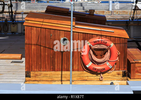 Close-up del legno di nave a vela M/S Zar da Dragor a Helsingor, Danimarca Foto Stock