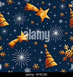 Buon Natale seamless pattern con oro bassa poli stella di lusso e decorazioni di Natale per la stagione di vacanze sfondo. Illustrazione Vettoriale