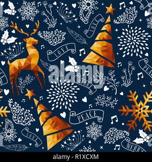 Buon Natale seamless pattern con oro bassa poli cervi di lusso e decorazioni di Natale per la stagione di vacanze sfondo. Illustrazione Vettoriale