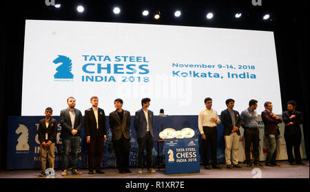 Kolkata, India. Xiv Nov, 2018. Granmaestro partecipante pone per le foto durante il premiato cerimonia del Tata Steel Chess India 2018. Credito: Saikat Paolo/Pacific Press/Alamy Live News Foto Stock