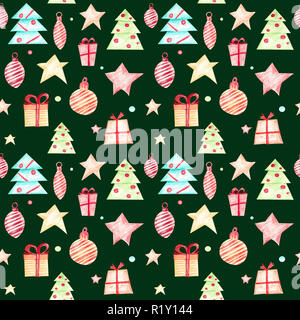 Natale seamless pattern con alberi di Natale, regali, decorazioni di Natale e stelle su uno sfondo verde. Foto Stock